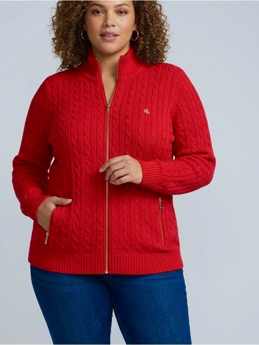 Lauren Ralph Lauren Red Cable Knit Full Zip Sweater Gold Hardware Plus Size 2X